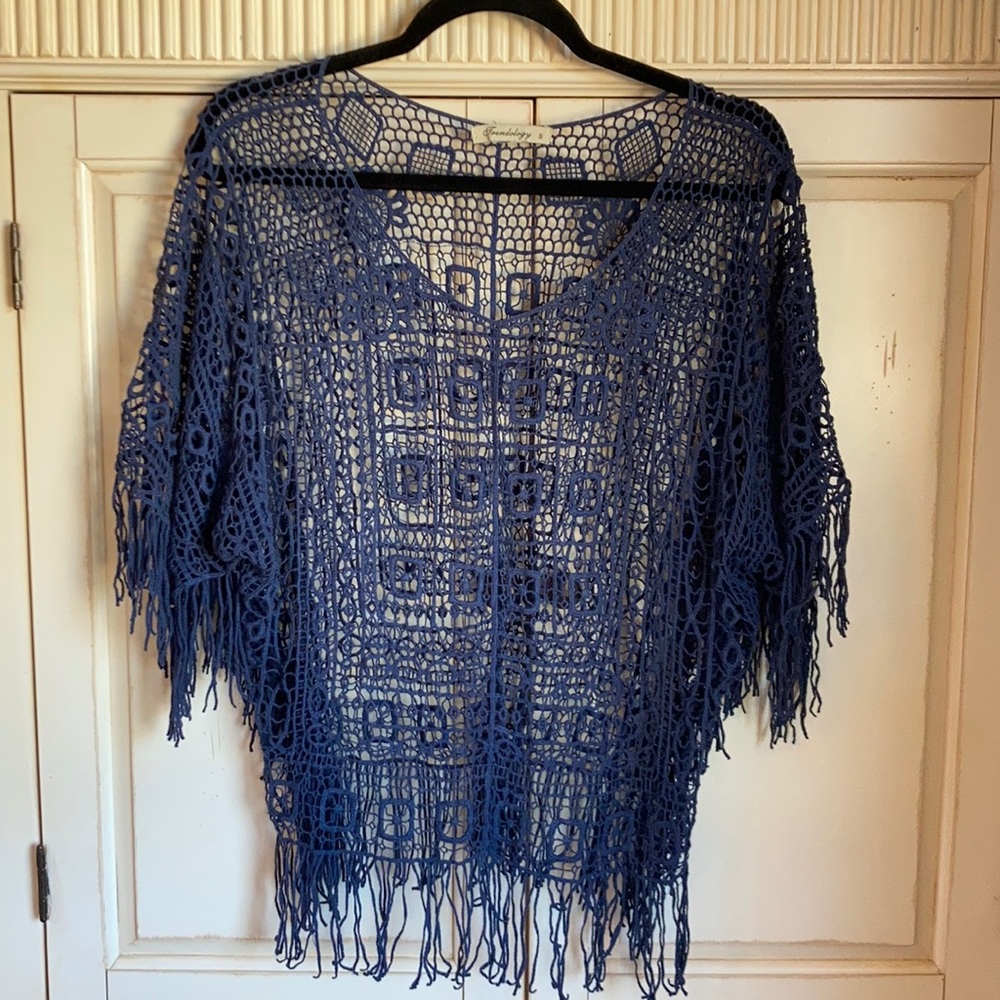 Crochet boho fringe crop shrug blue S hippie vibe